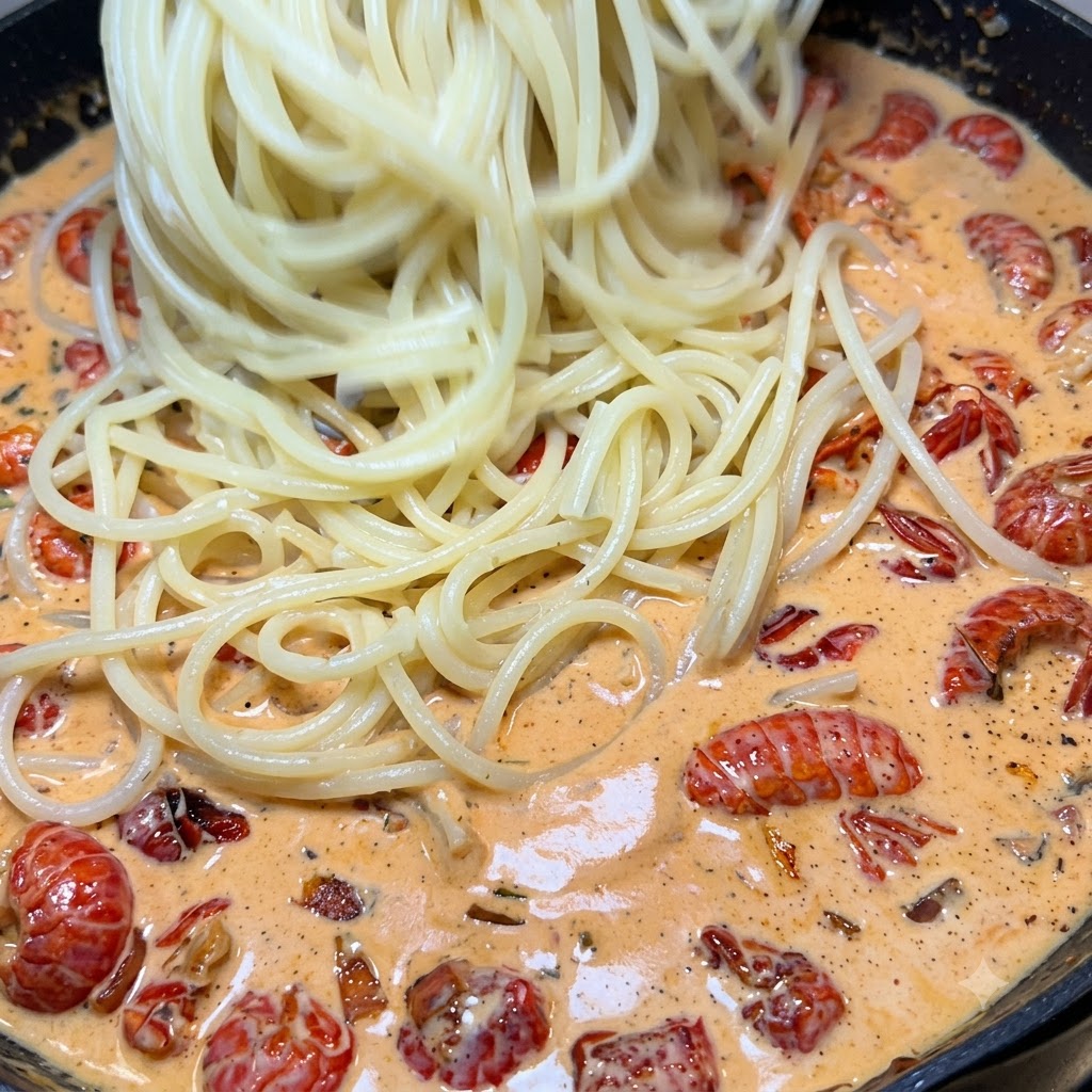 Des nouilles spaghetti versées dans une poêle remplie de sauce crémeuse aux écrevisses.