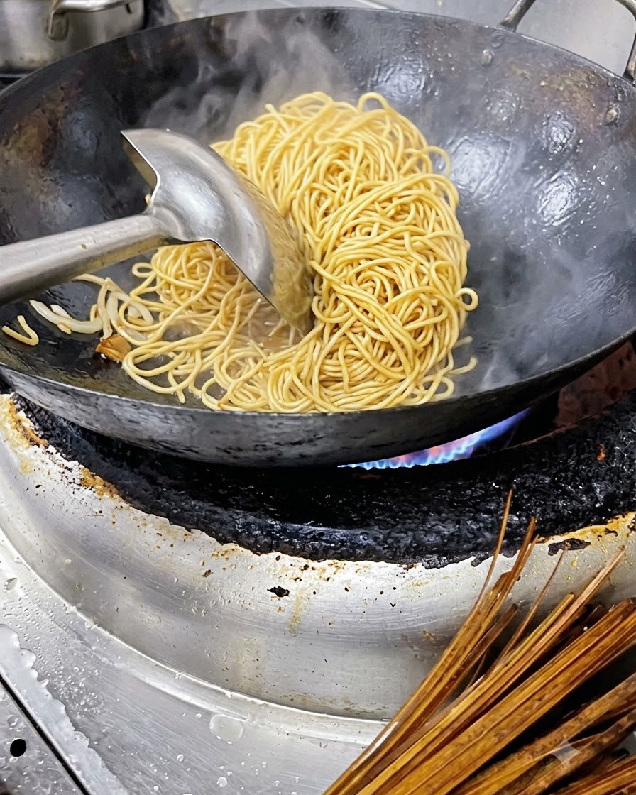 Des nouilles jaunes bouillies mélangées dans un grand wok en métal à laide dune louche.