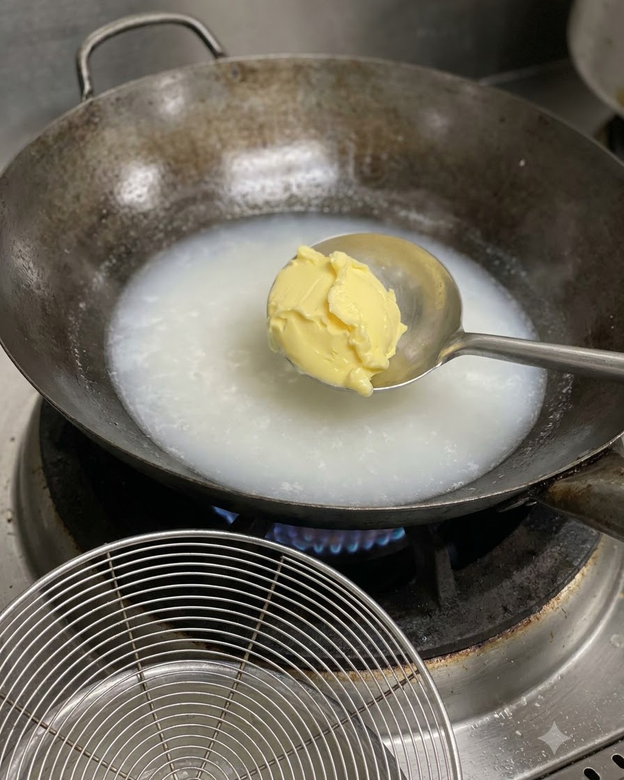Une cuillère de beurre ou de fromage jaune ajoutée à un bouillon blanc frémissant dans un wok.