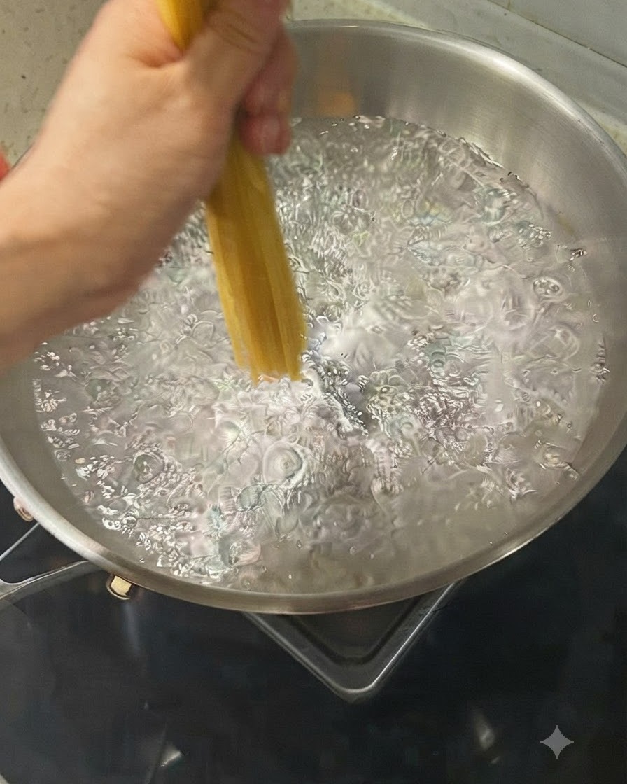Une main tenant et plongeant une poignée de spaghettis dans une casserole deau bouillante.