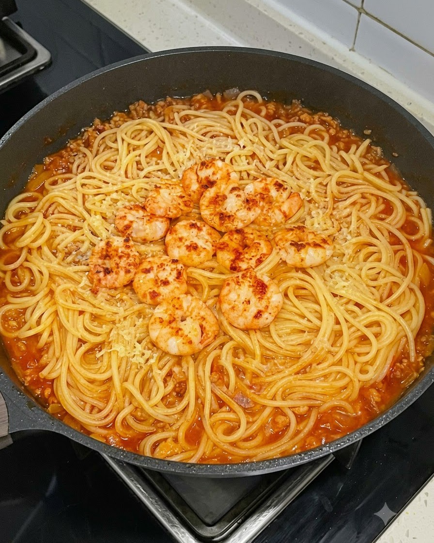 Une poêle de pâtes et de sauce à la viande surmontée dun cercle de crevettes poêlées assaisonnées et dun léger saupoudrage de fromage râpé.