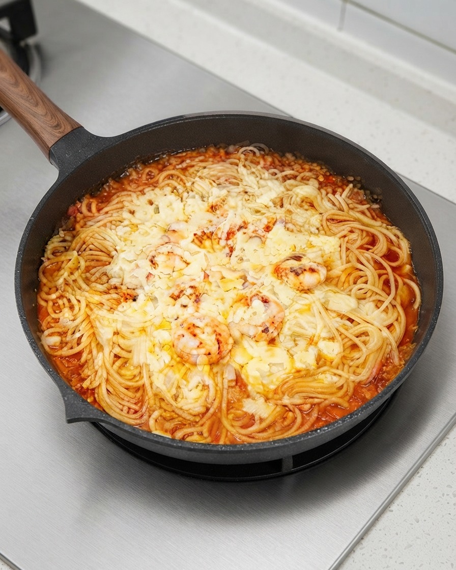 Une poêle de pâtes et de crevettes entièrement recouverte dune épaisse couche de fromage râpé fondu et saupoudrée dherbes séchées.