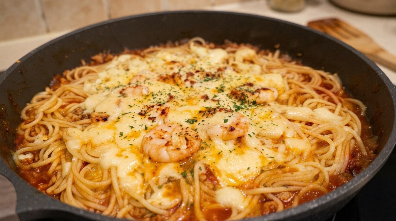 Pâtes au Fromage et aux Crevettes à la Poêle