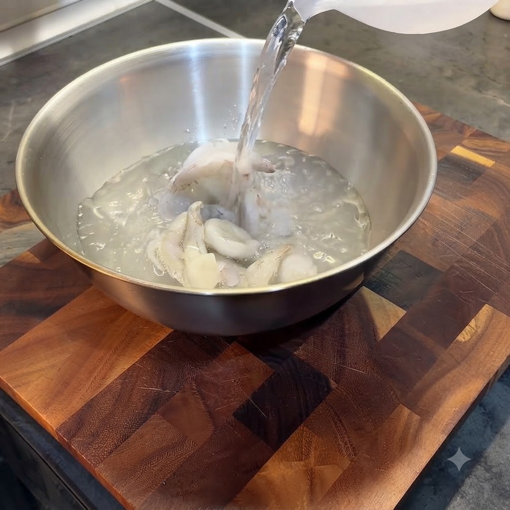 Verser de leau tiède dun pichet en plastique sur des crevettes surgelées dans un bol en métal.