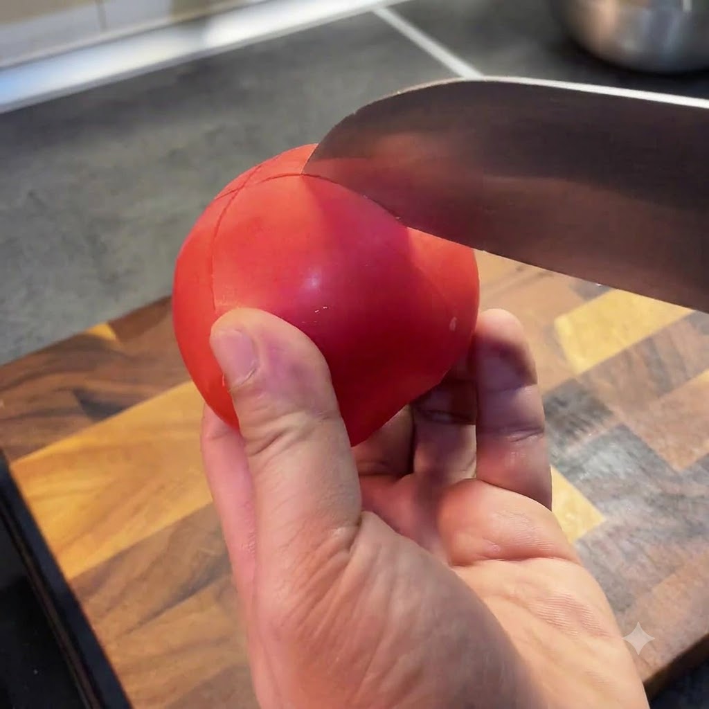 Une main utilisant un couteau de chef pour inciser en croix le dessus dune tomate rouge vif sur une planche à découper.