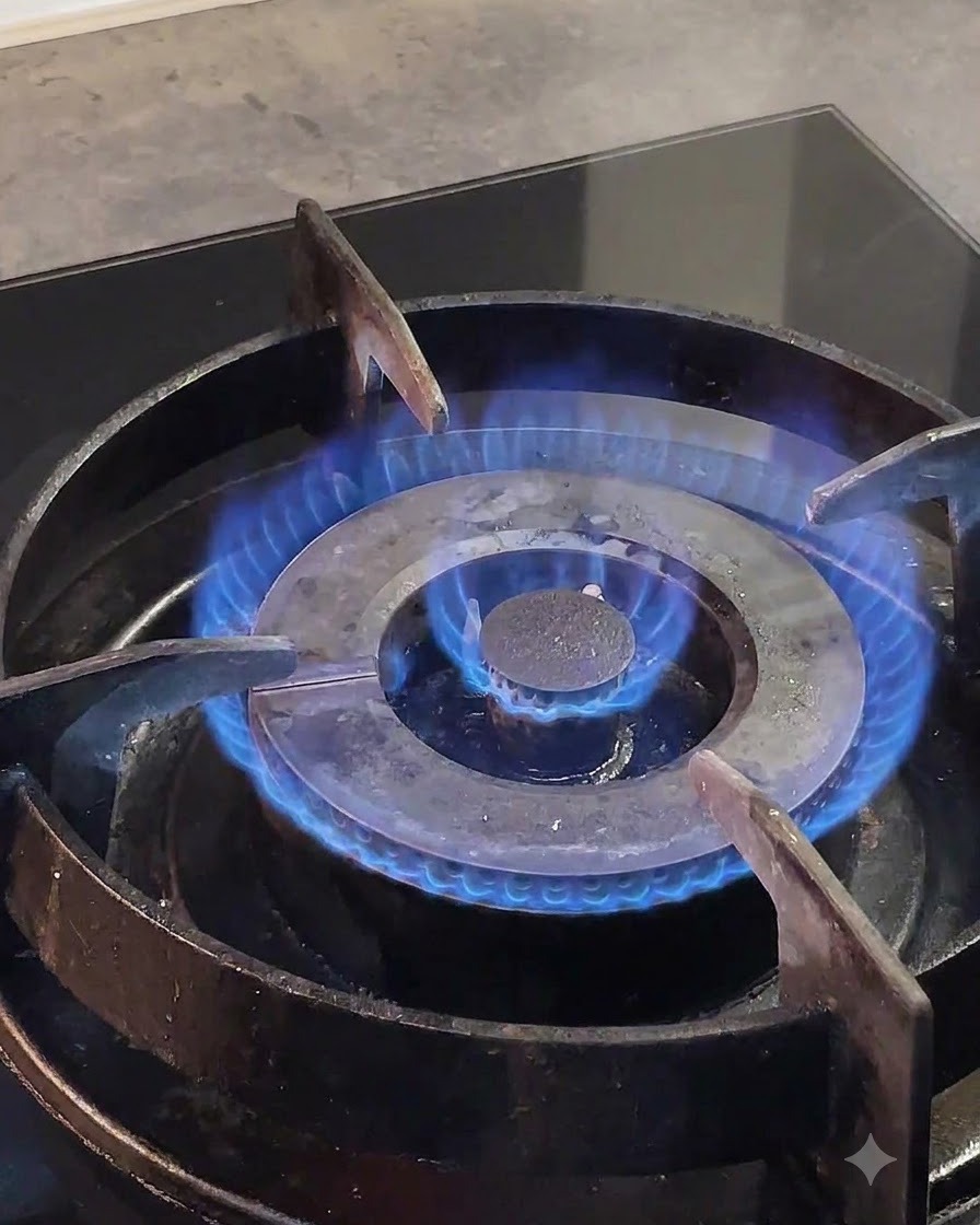 Une flamme bleue de cuisinière à gaz brûlant intensément sous les grilles en métal.