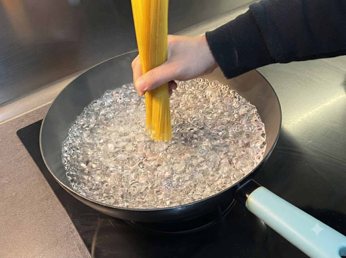 Une main tenant verticalement une poignée de spaghettis secs dans une grande casserole deau bouillante.