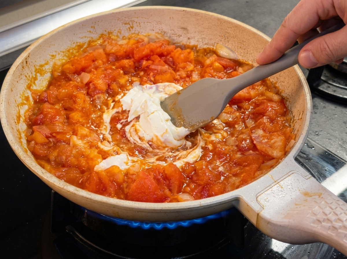 Un morceau de fromage à la crème fondant dans une sauce frémissante et colorée à base de tomates et doignons dans une poêle.