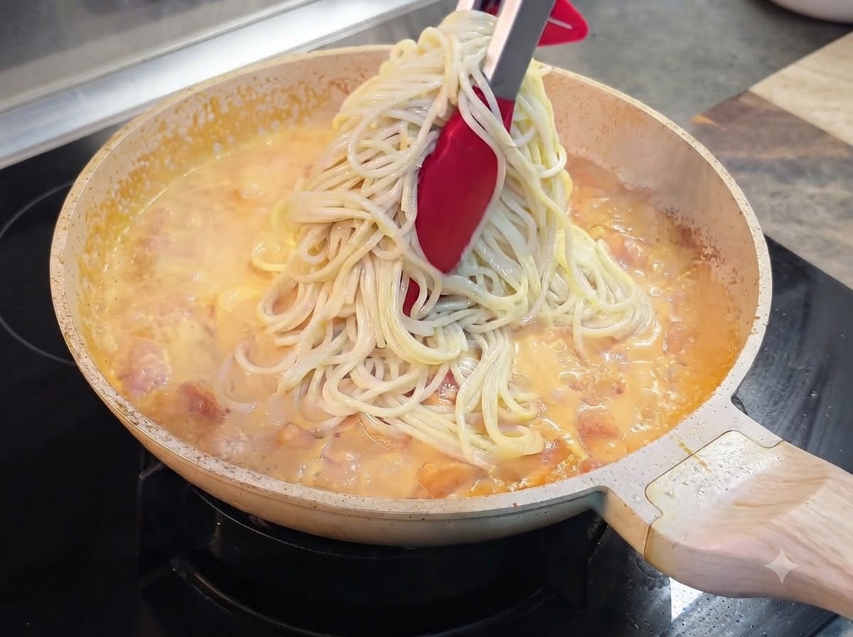 Des spaghettis transférés à laide de pinces dune casserole directement dans une poêle contenant une sauce crémeuse à la tomate frémissante.