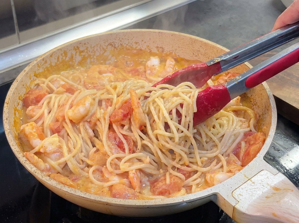 Des spaghettis et des crevettes mélangés avec des pinces dans une sauce crémeuse à la tomate à lintérieur dune poêle.