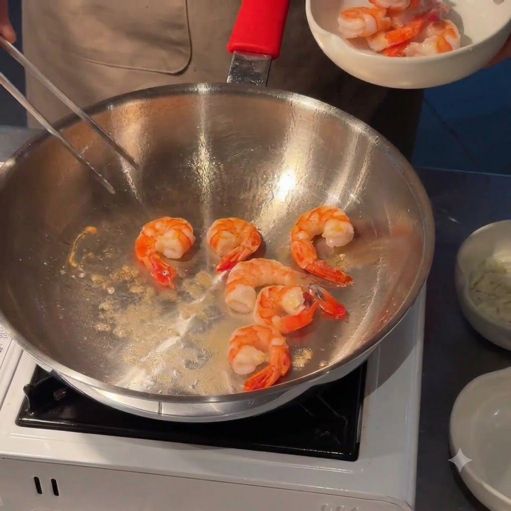 Beurre en train de fondre dans une poêle avec des oignons et de lail haché en cours de cuisson.