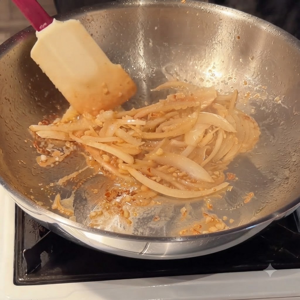 Crème entière, pâte de piment coréenne et concentré de tomate mélangés pour former une sauce dans une poêle.