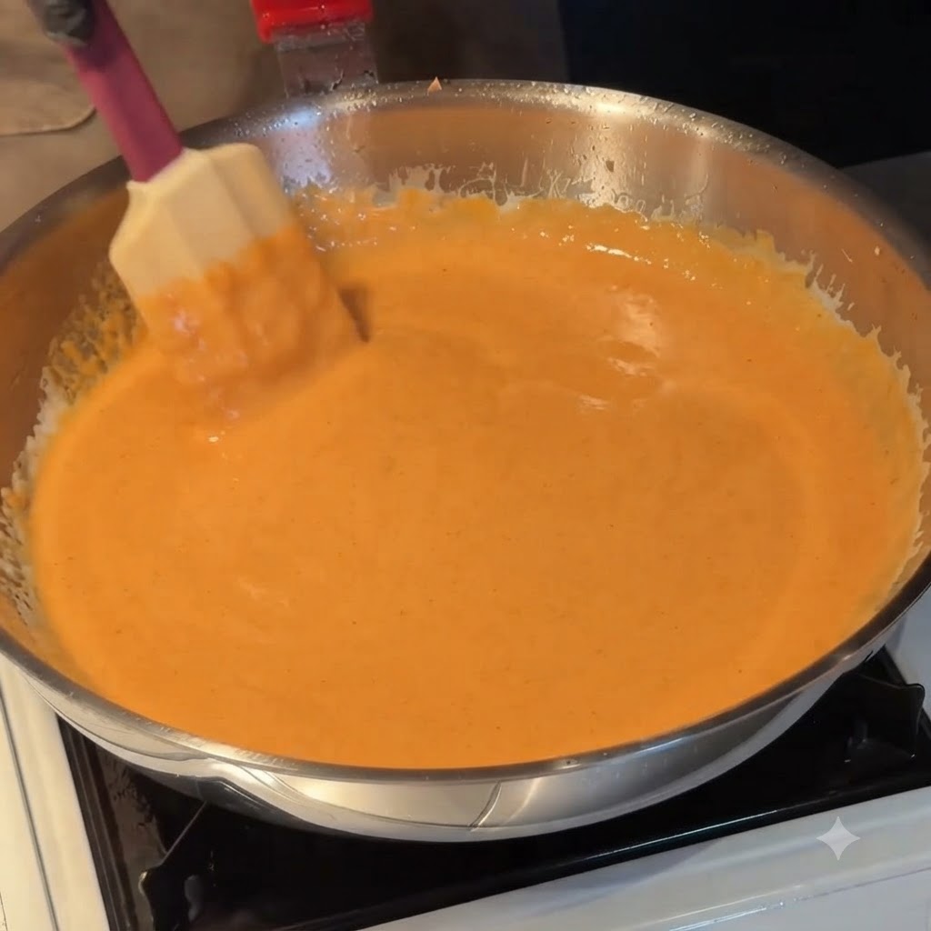 Pâtes cuites incorporées dans une sauce à la crème orange lisse à lintérieur dune poêle en acier inoxydable à laide dune spatule.