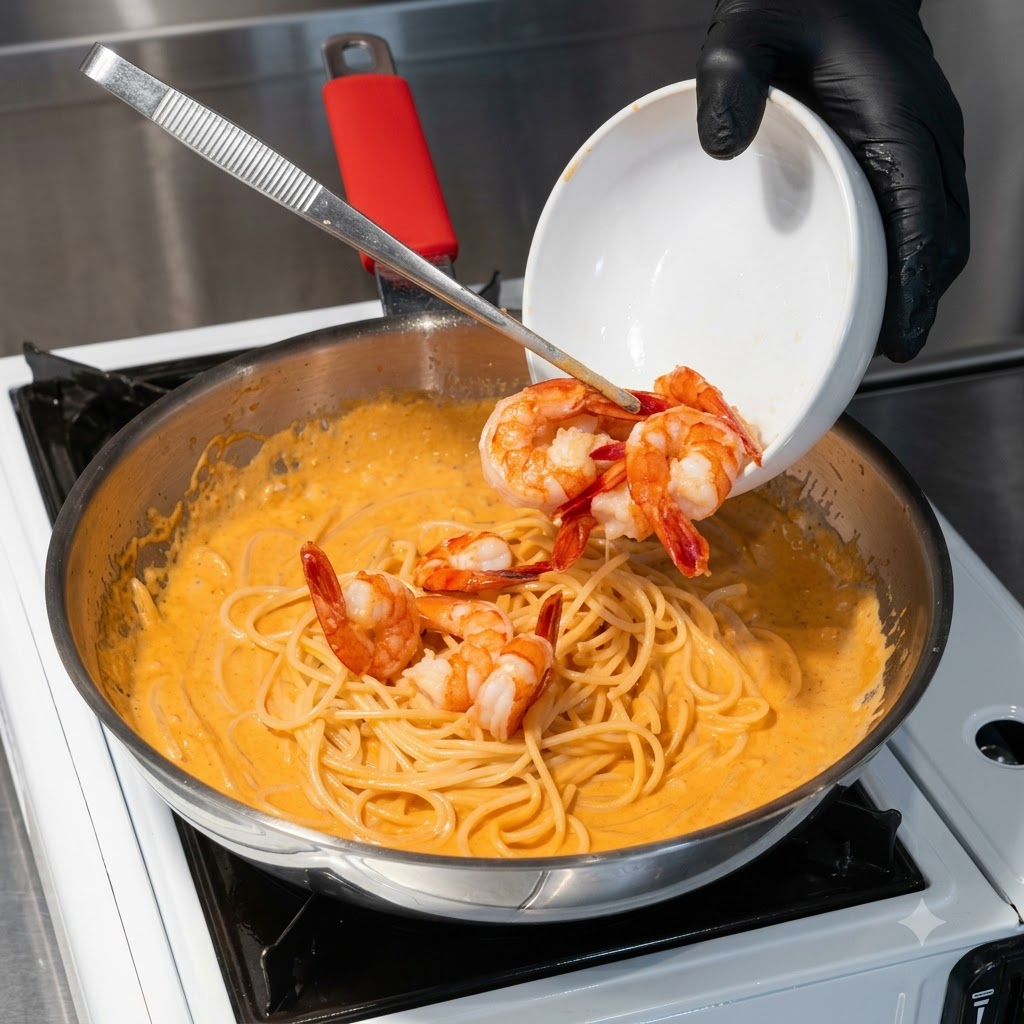 Crevettes cuites versées dun petit bol blanc dans une poêle de pâtes coréennes crémeuses.