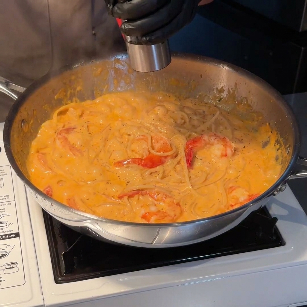 Une personne utilisant un moulin à poivre pour moudre du poivre noir sur les pâtes crémeuses aux crevettes dans une poêle en acier inoxydable.