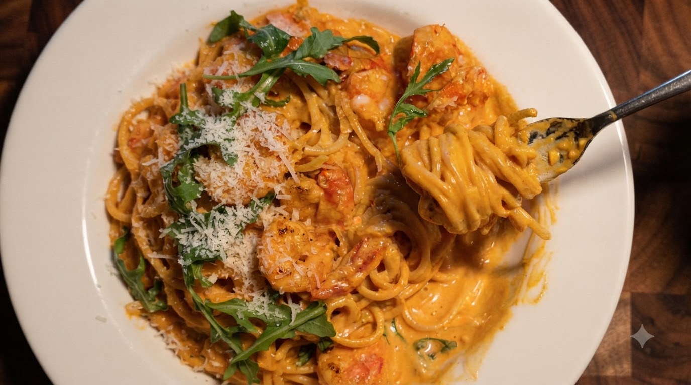 Une assiette de pâtes coréennes épicées aux crevettes et à la crème, garnie de roquette fraîche et de parmesan râpé.
