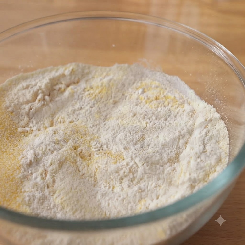De la levure sèche pauvre en sucre et du sel saupoudrés sur le mélange de farine dans un bol en verre.