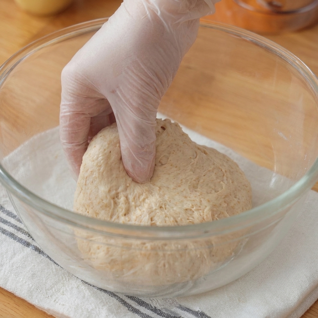 Une main gantée étirant et repliant une boule de pâte à pizza à lintérieur dun bol en verre reposant sur un torchon de cuisine.