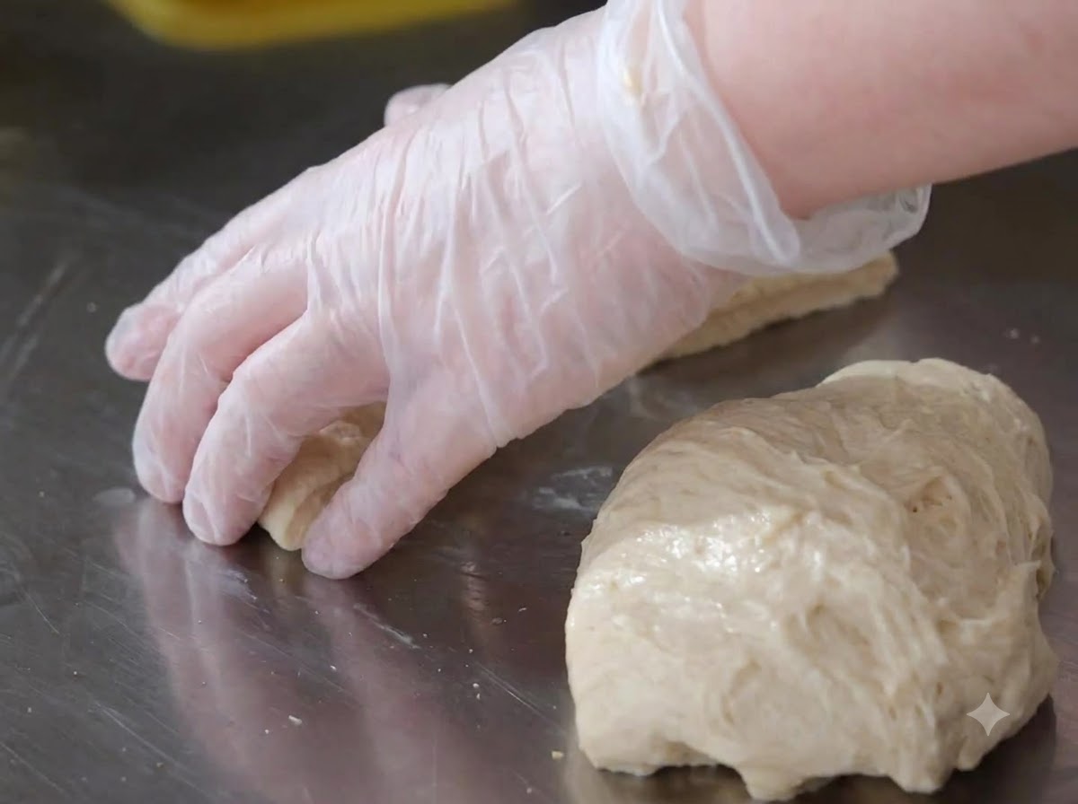 Une main gantée façonnant une portion de pâte à pizza en une boule ronde et lisse sur le plan de travail.