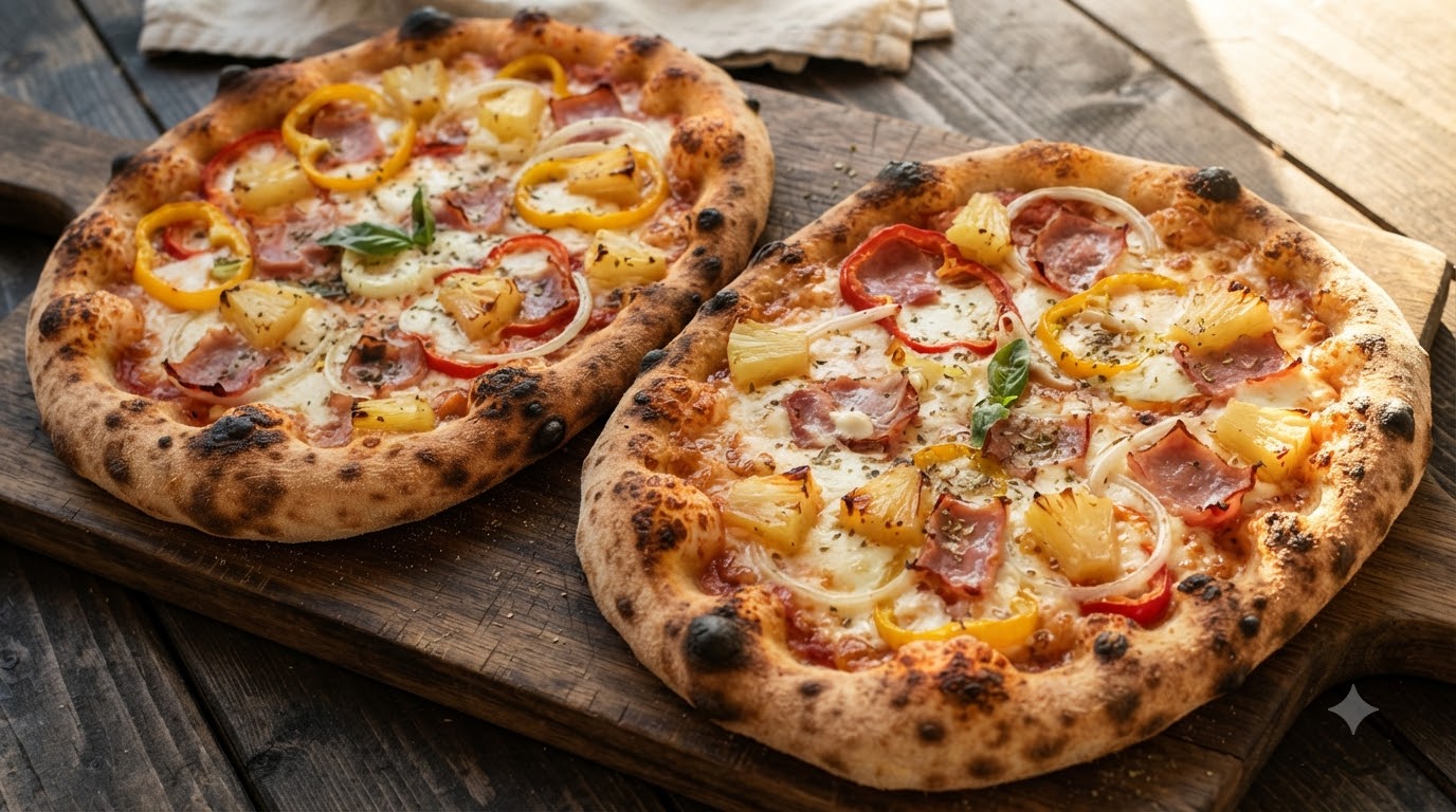 Deux pizzas maison fraîchement cuites garnies dananas, de poivrons, doignons, de jambon et de fromage fondu sur des planches en bois.