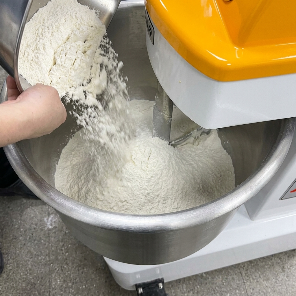 De la farine Caputo 00 versée dun récipient en acier dans le bol dun pétrin commercial.