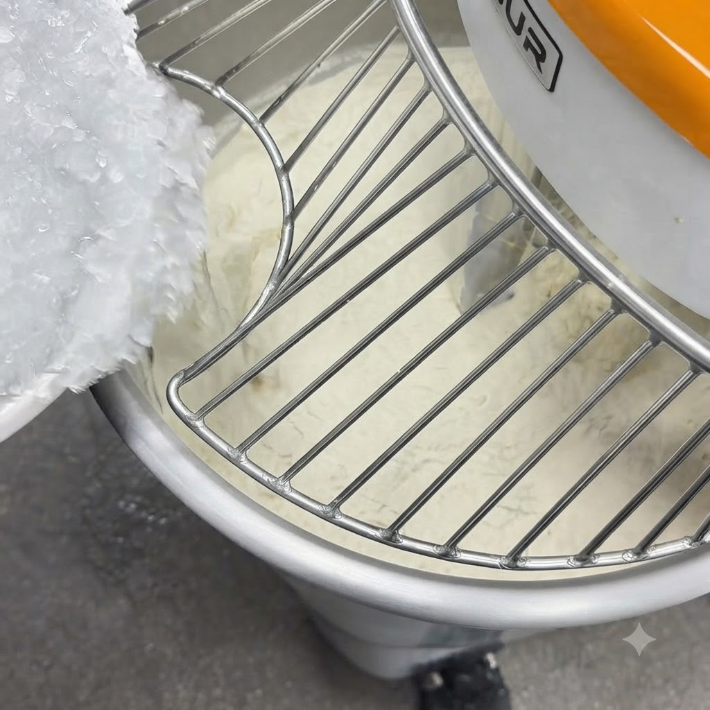 De leau glacée versée à travers la grille de protection dans le bol du pétrin rempli de farine.