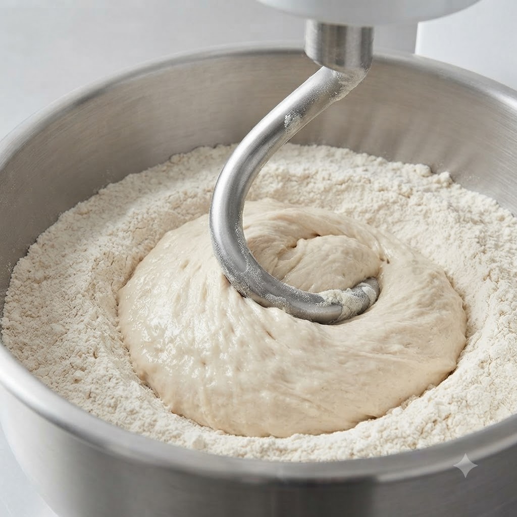 Un crochet de pétrin en spirale incorporant un mélange de poolish dans la farine à lintérieur dun grand bol en acier.
