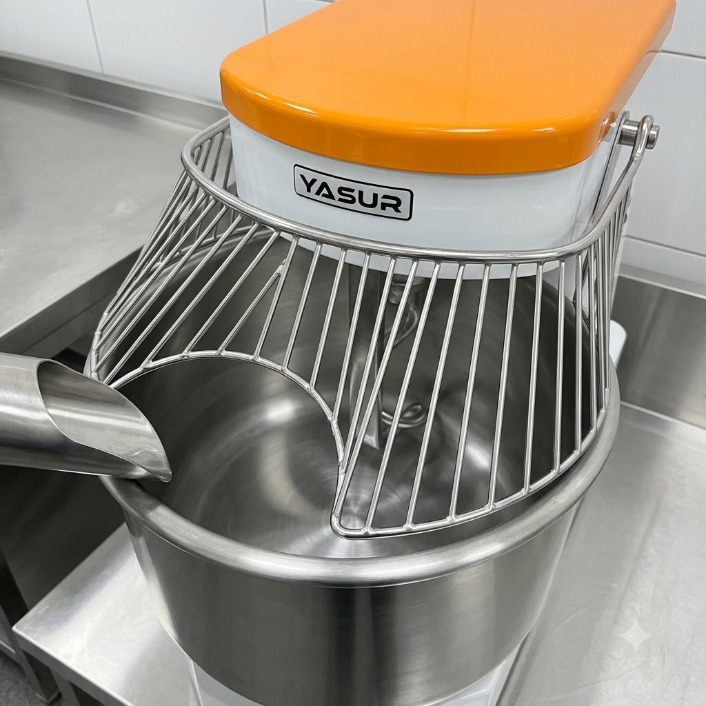 Le bol vide et la grille de protection dun pétrin YASUR pendant la phase dajustement de lhydratation.