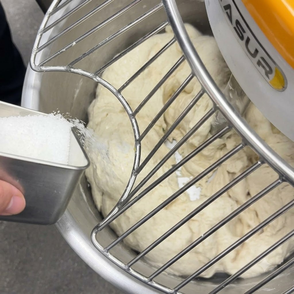 Du sel fin versé dun récipient en métal à travers la grille de protection dans la pâte en cours de pétrissage.