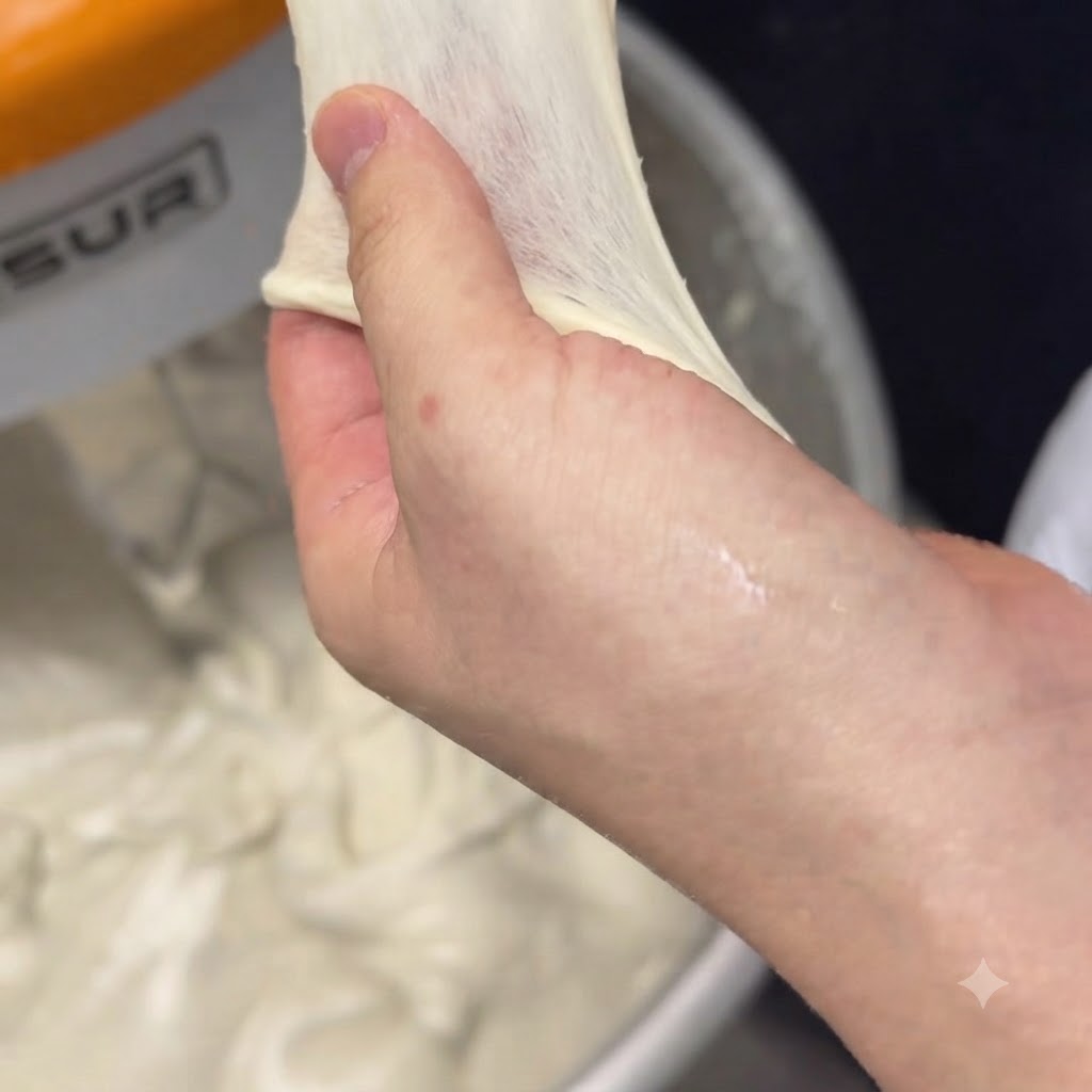 Une main étirant une fine feuille translucide de pâte à pizza pour tester le développement du gluten.