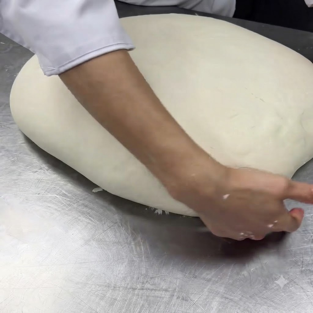 Les mains du chef lissant et façonnant un grand pâton sur un comptoir en acier inoxydable.