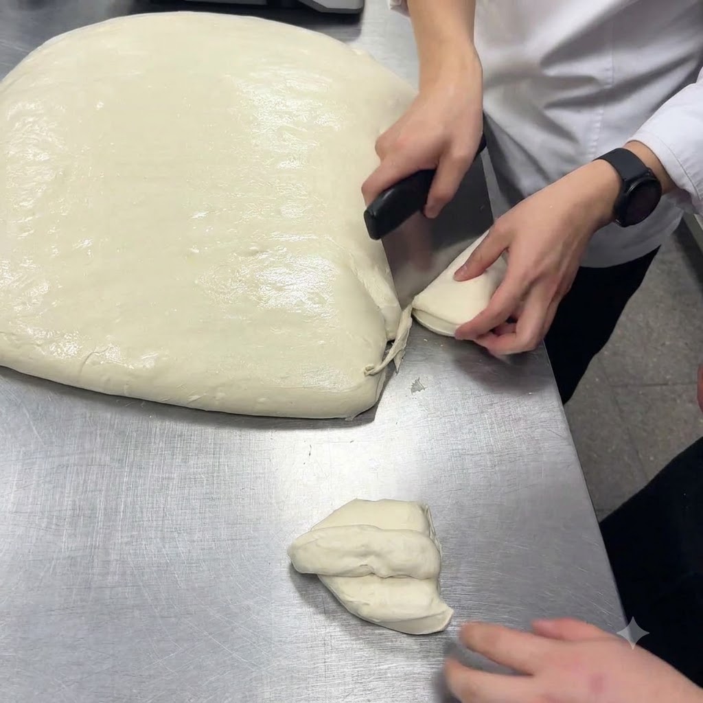 Une cornette de boulanger coupant une grande feuille de pâte à pizza blanche sur une table de travail.