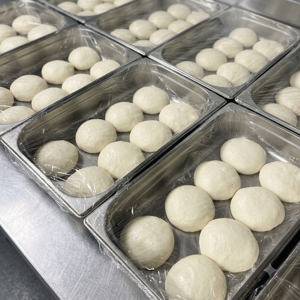 Plusieurs contenants remplis de pâtons blancs uniformes et recouverts dun film plastique.
