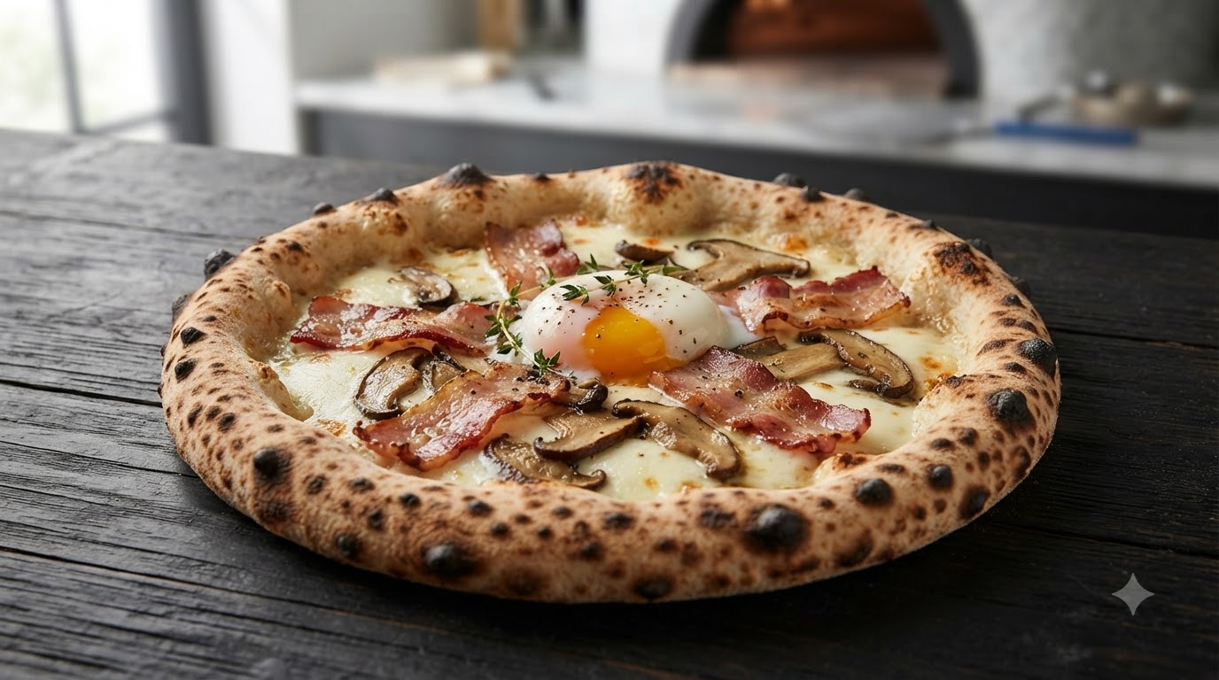 Une pizza napolitaine moderne fraîchement cuite dotée dune croûte alvéolée et croustillante, garnie de mozzarella fondue, de bacon, de cèpes et dun œuf mollet.