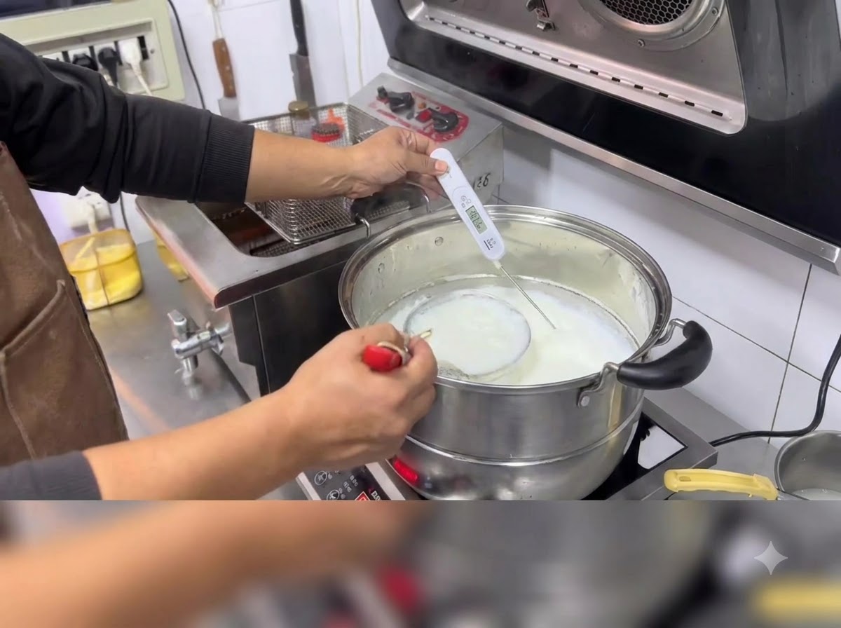 Du lait en train de chauffer dans une grande casserole sur une cuisiniere avec un thermometre numerique affichant la temperature.