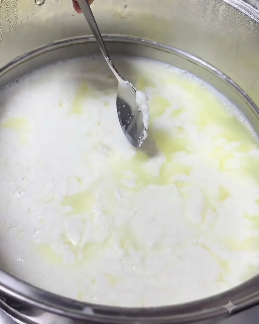 Des mains tenant une etamine blanche remplie de cailles de lait au-dessus dune casserole pour filtrer le petit-lait liquide.
