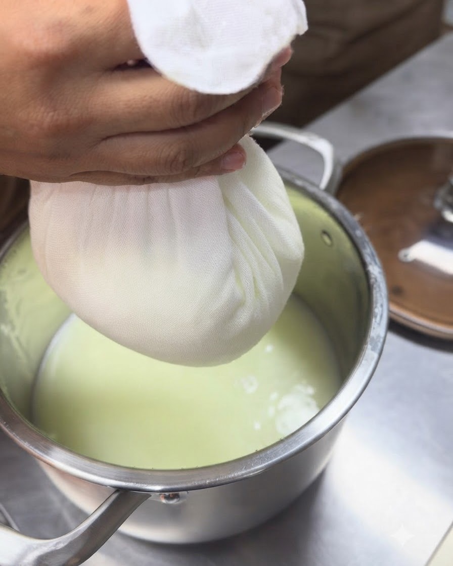 Une etamine attachee suspendue et egouttant du petit-lait dans une casserole en metal en dessous.