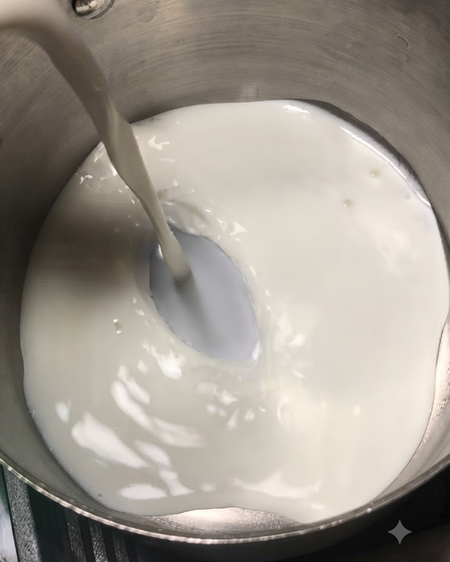 Lait et crème liquide versés dans une casserole en acier inoxydable sur une cuisinière.
