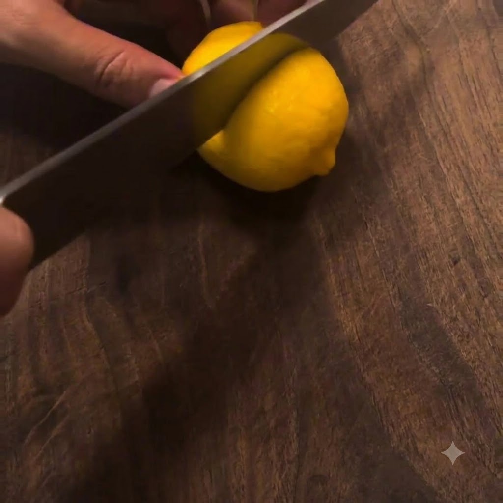 Un couteau bien aiguisé coupant un citron jaune frais en deux sur une planche à découper en bois.