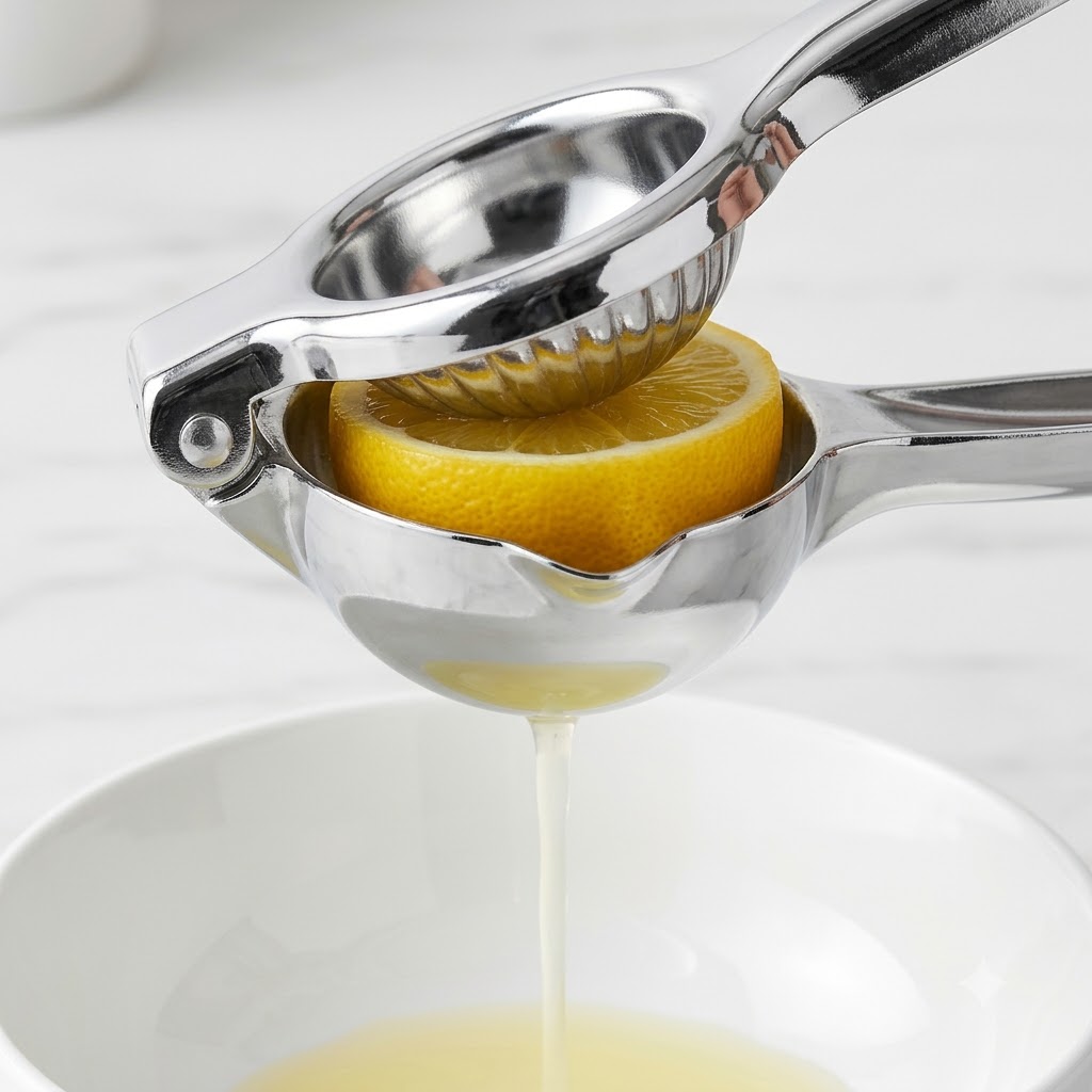 Une moitié de citron pressée avec un presse-agrumes en acier inoxydable, libérant le jus dans un bol blanc.