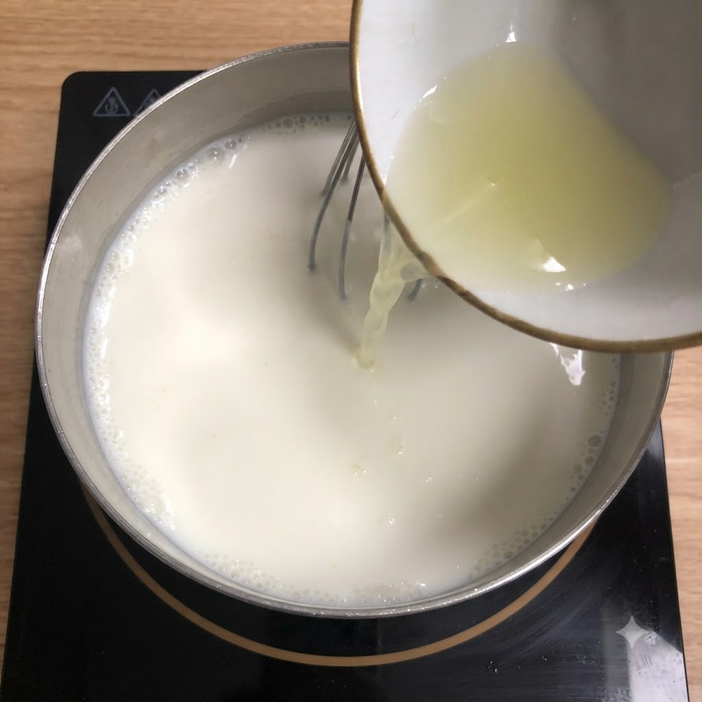 Jus de citron fraîchement pressé versé dun petit bol dans une casserole de lait chaud tout en fouettant.