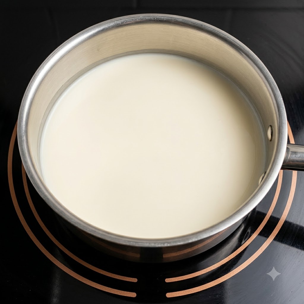 Le mélange de lait caillé reposant dans une casserole hors du feu.