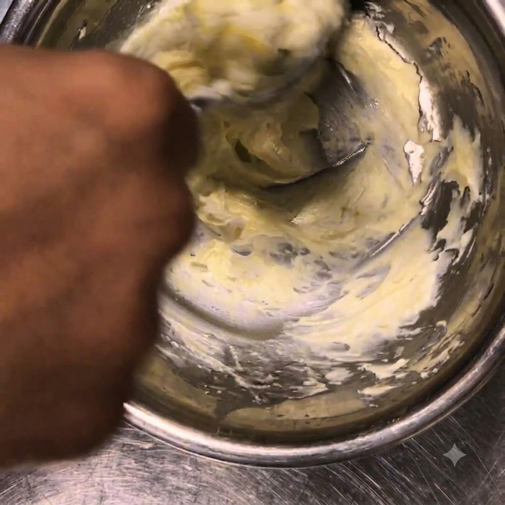 Une main utilisant une cuillère pour remuer et lisser la ricotta refroidie dans un bol en métal.