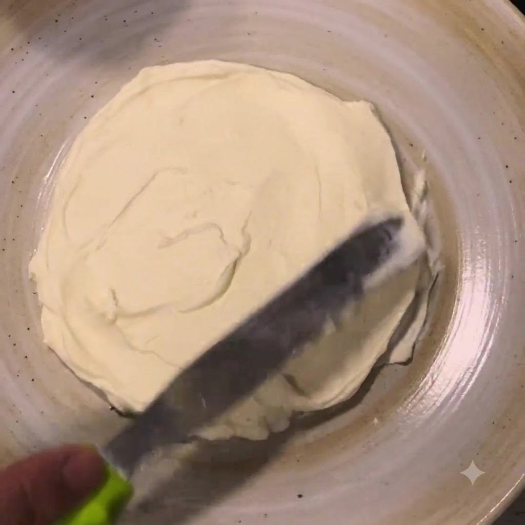 Ricotta maison étalée en une couche circulaire sur une assiette avec un couteau plat.