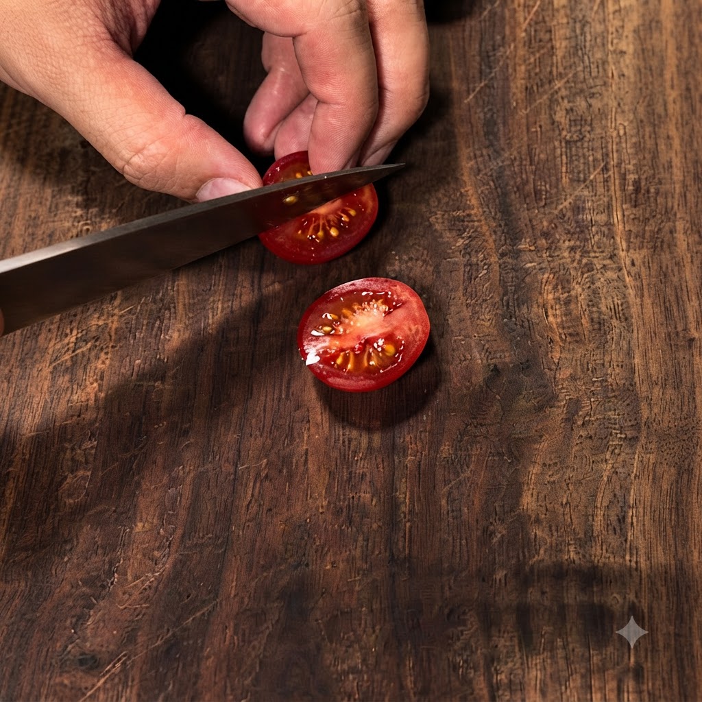 Des tomates cerises fraîches coupées en deux sur une planche à découper en bois à laide dun couteau.