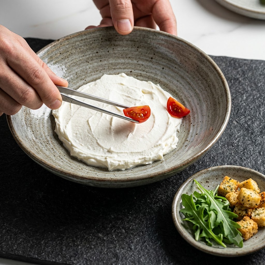Feuilles de roquette vertes fraîches disposées en cercle autour du bord de la ricotta étalée dans une assiette.