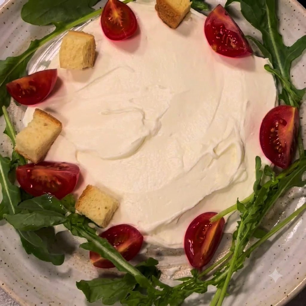 Des croûtons de pain dorés placés sur la ricotta à côté des tomates et de la roquette.