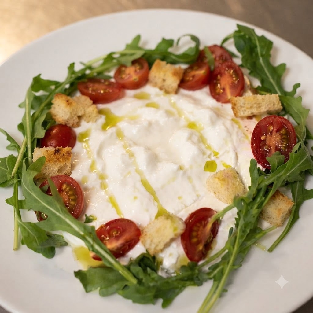 Vinaigrette balsamique foncée et huile de basilic verte versées en filet sur la ricotta et la salade dressées.