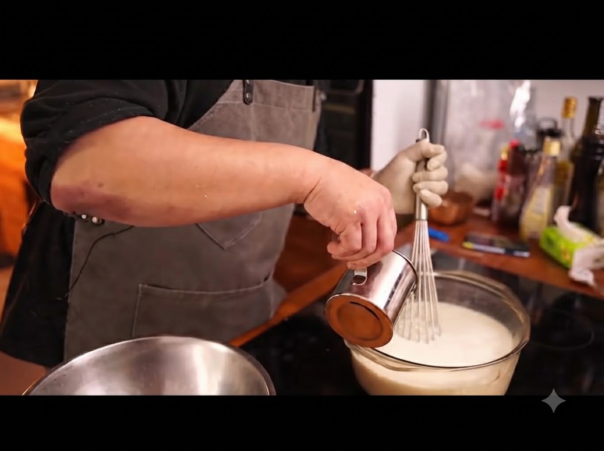 Du vinaigre versé dans du lait chaud, provoquant un caillage visible.