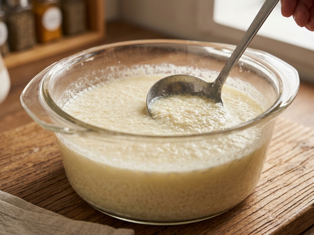 Une cuillère ajourée soulevant et vérifiant la texture des nouveaux caillés de lait formés dans un bol en verre.